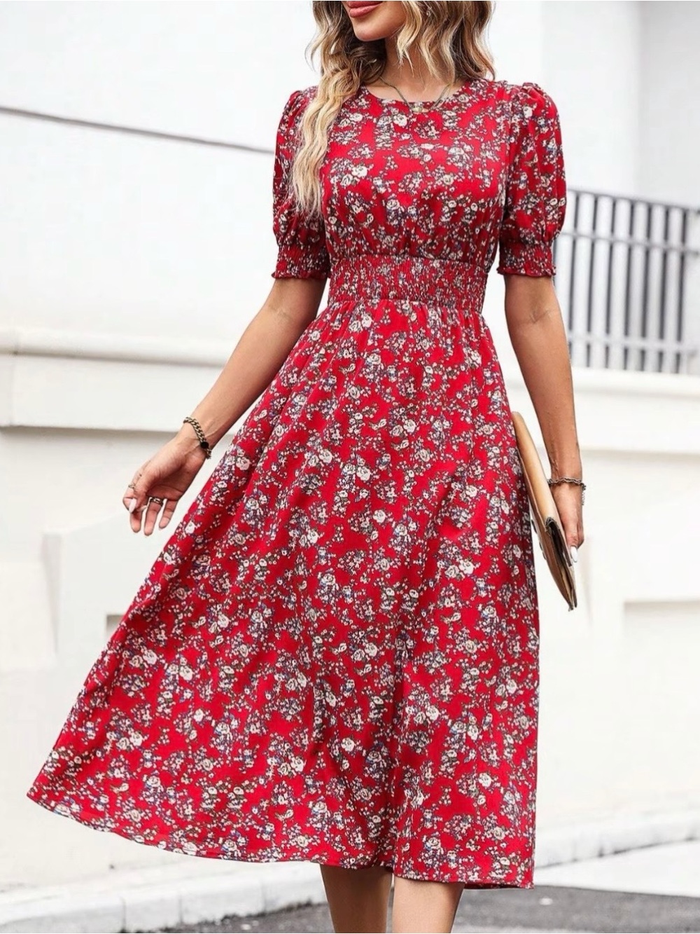 Red Floral Smocked Midi Dress - Women - Picture 3 of 6